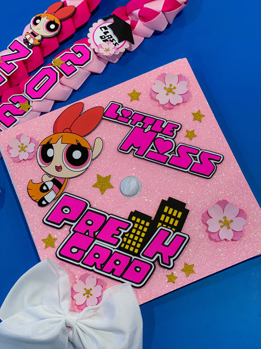 Bundle Blossom Powerpuff Girls  Graduation Cap Topper and Lei | Kindergarten Graduation | Graduation Gift | Personalized Grad Cap and Lei | Class of 2025