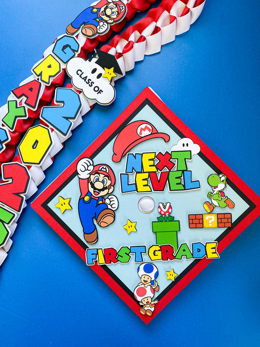 Bundle Super Mario Graduation Cap Topper and Lei | Kindergarten Graduation | Graduation Gift | Personalized Grad Cap and Lei | Class of 2025