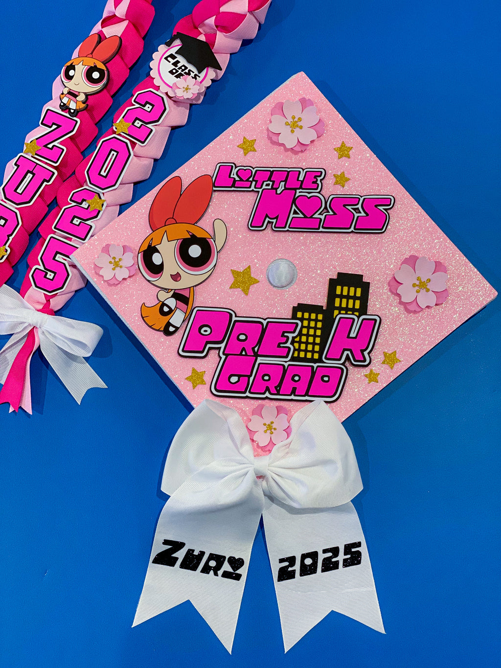 Bundle Blossom Powerpuff Girls  Graduation Cap Topper and Lei | Kindergarten Graduation | Graduation Gift | Personalized Grad Cap and Lei | Class of 2025