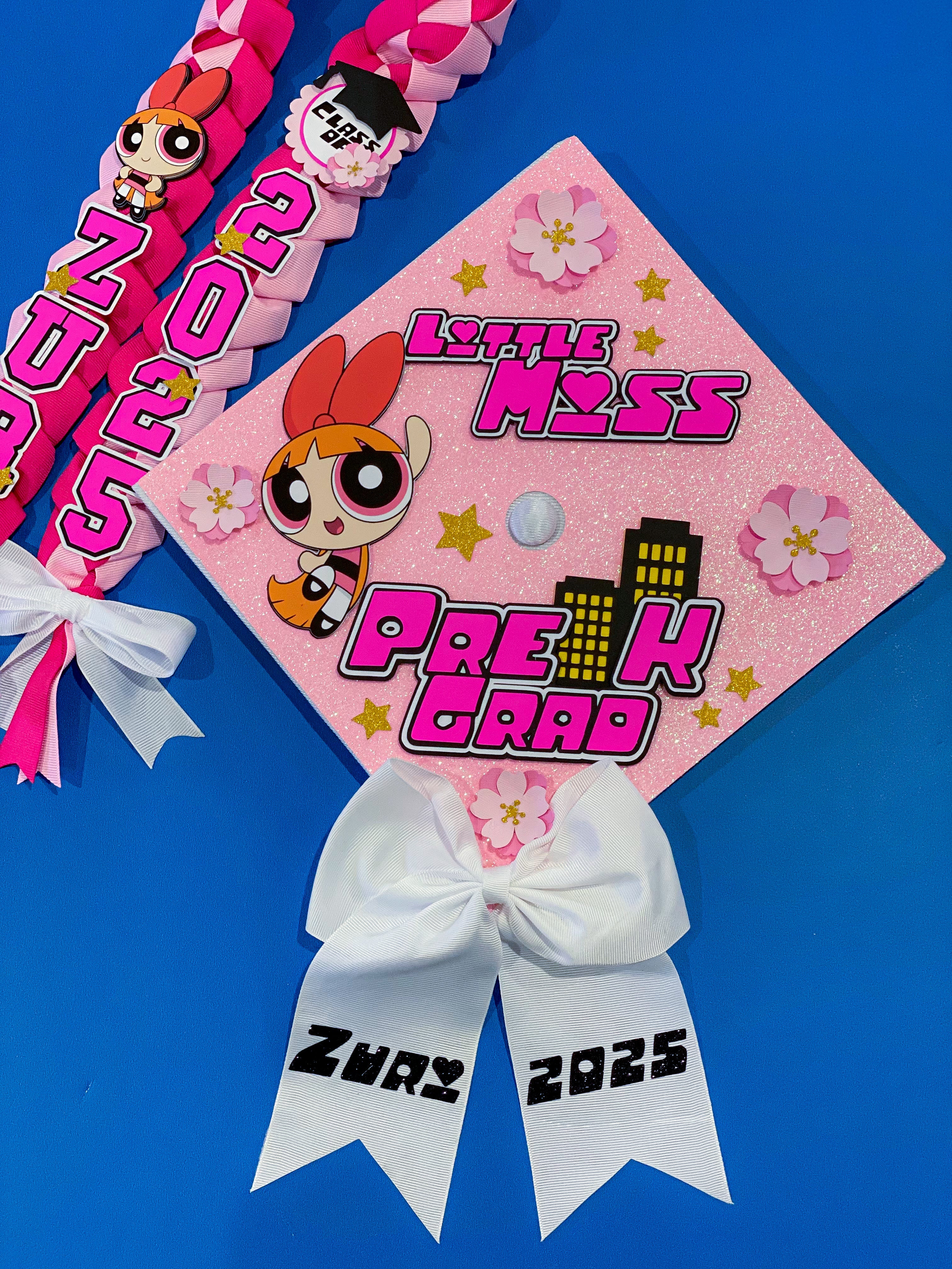 Bundle Blossom Powerpuff Girls  Graduation Cap Topper and Lei | Kindergarten Graduation | Graduation Gift | Personalized Grad Cap and Lei | Class of 2025