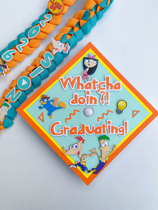 Bundle Phineas and Ferb Graduation Cap Topper and Lei | Kindergarten Graduation | Graduation Gift | Personalized Grad Cap and Lei | Class of 2026
