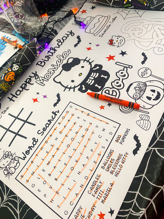 Hello Kitty Halloween Custom Coloring Placemat | 11" x 17" inches | Personalized Coloring Sheet