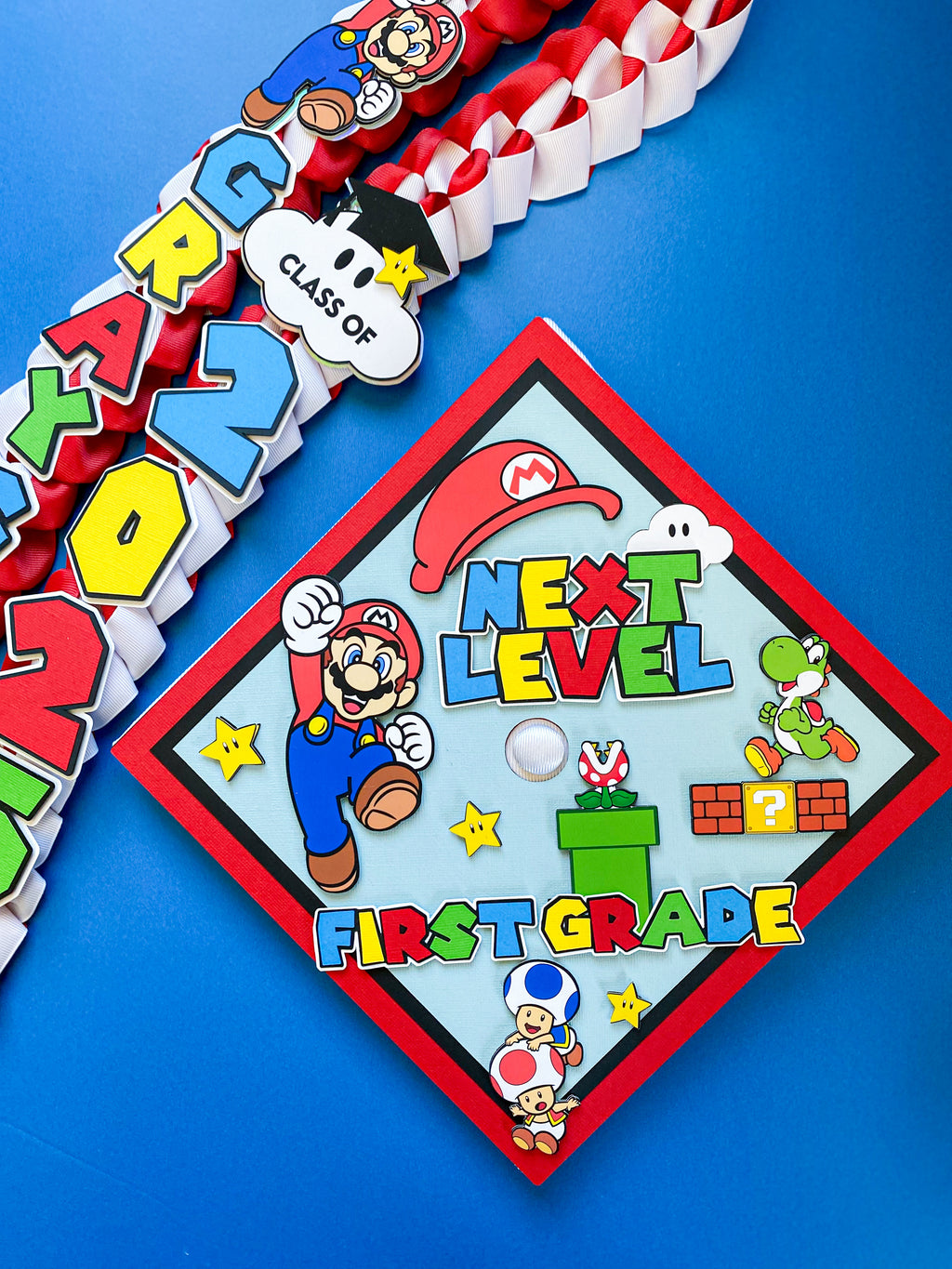 Bundle Super Mario Graduation Cap Topper and Lei | Kindergarten Graduation | Graduation Gift | Personalized Grad Cap and Lei | Class of 2025