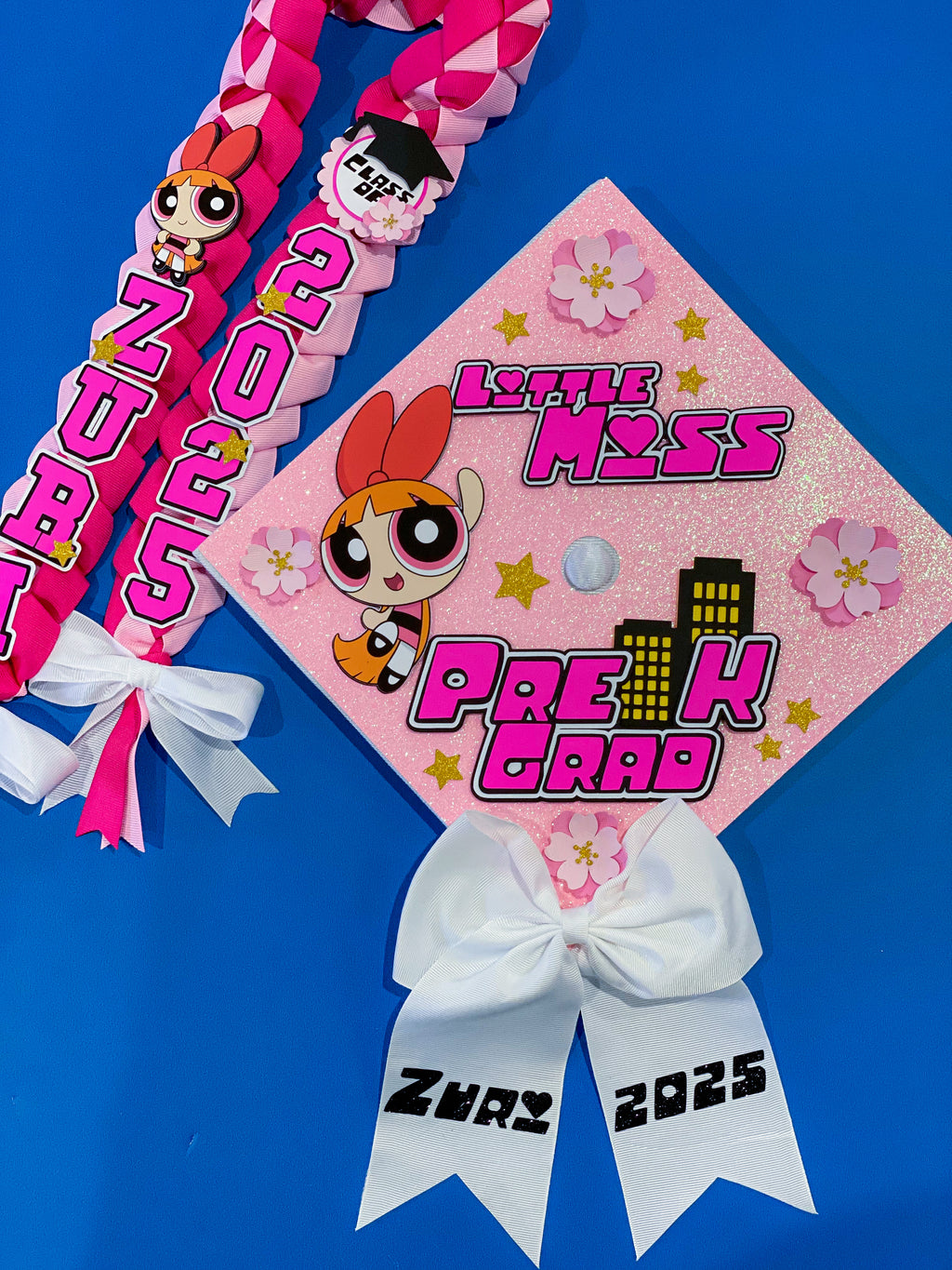 Bundle Blossom Powerpuff Girls  Graduation Cap Topper and Lei | Kindergarten Graduation | Graduation Gift | Personalized Grad Cap and Lei | Class of 2025