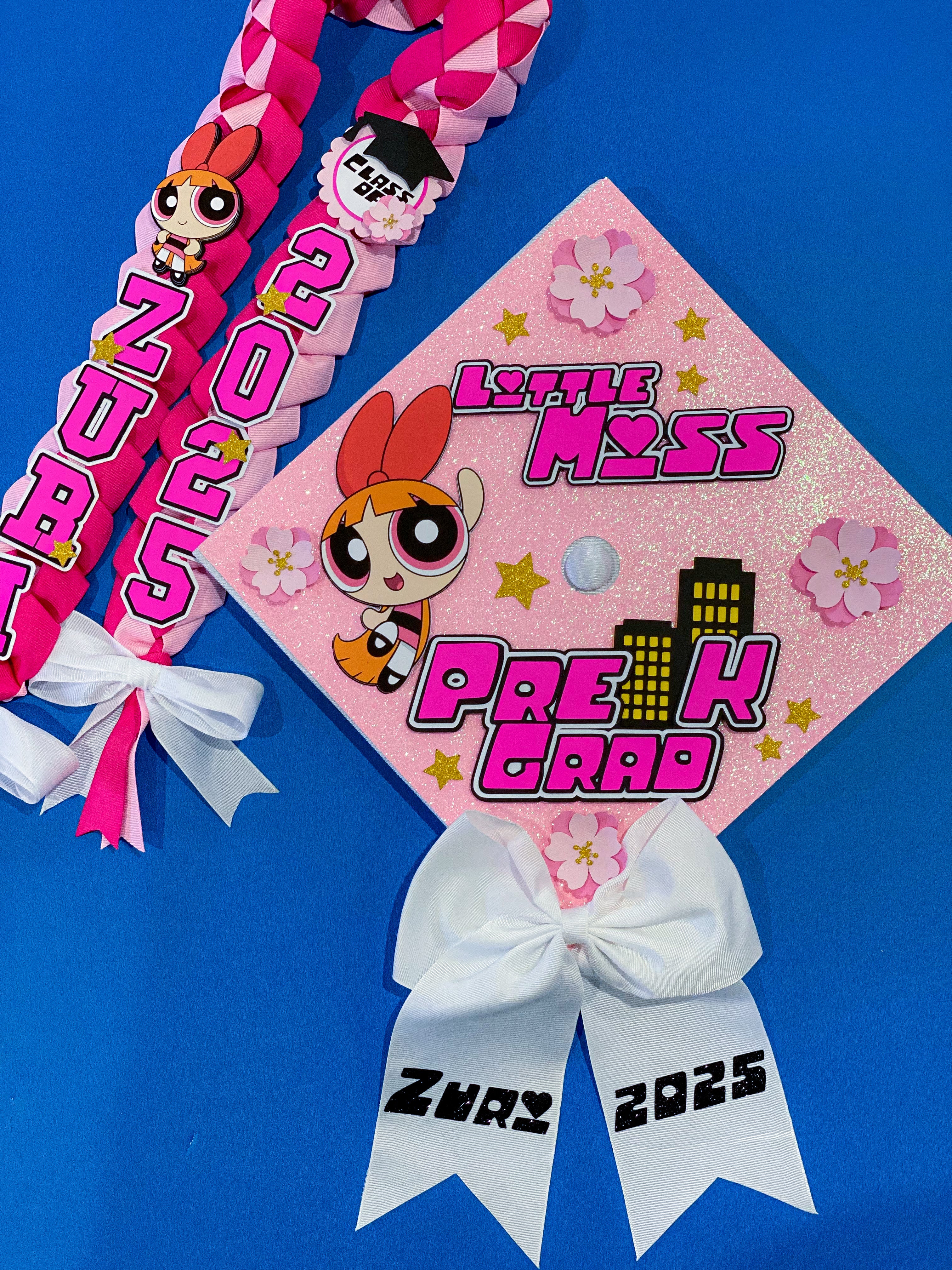 Bundle Blossom Powerpuff Girls  Graduation Cap Topper and Lei | Kindergarten Graduation | Graduation Gift | Personalized Grad Cap and Lei | Class of 2025