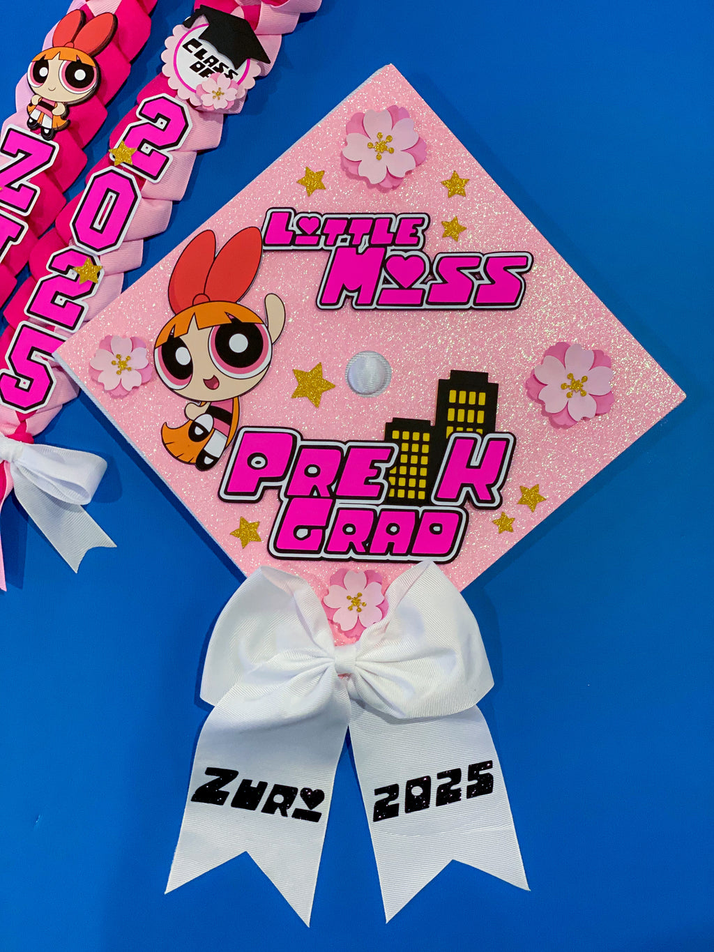 Bundle Blossom Powerpuff Girls  Graduation Cap Topper and Lei | Kindergarten Graduation | Graduation Gift | Personalized Grad Cap and Lei | Class of 2025