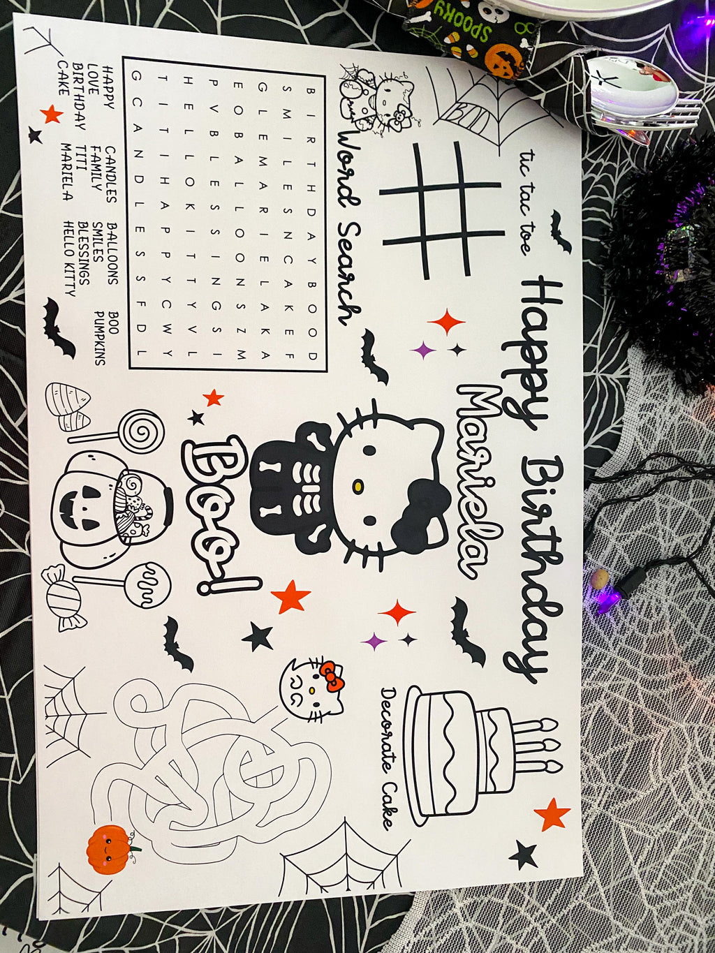 Hello Kitty Halloween Custom Coloring Placemat | 11" x 17" inches | Personalized Coloring Sheet