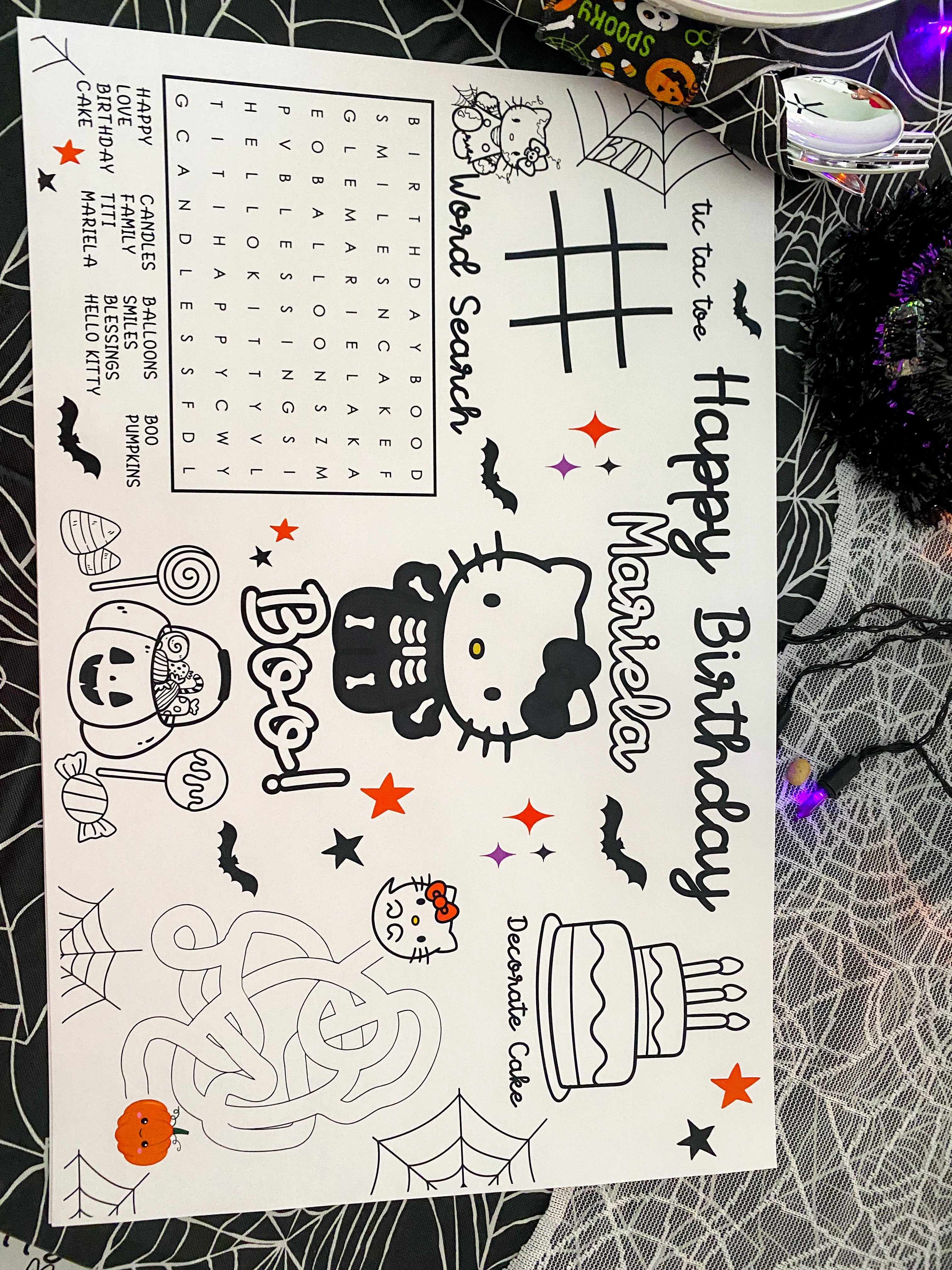 Hello Kitty Halloween Custom Coloring Placemat | 11" x 17" inches | Personalized Coloring Sheet