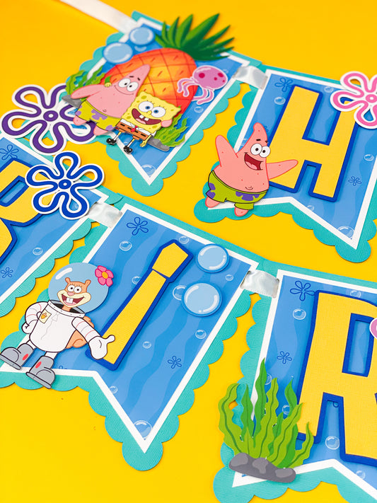 SpongeBob SquarePants happy birthday banner handmade with bright yellow blue ocean colors featuring jellyfish bubbles and underwater theme party decorations for kids birthday party backdrop dessert table decor SpongeBob birthday banner custom handmade party banner Bikini Bottom theme birthday decorations