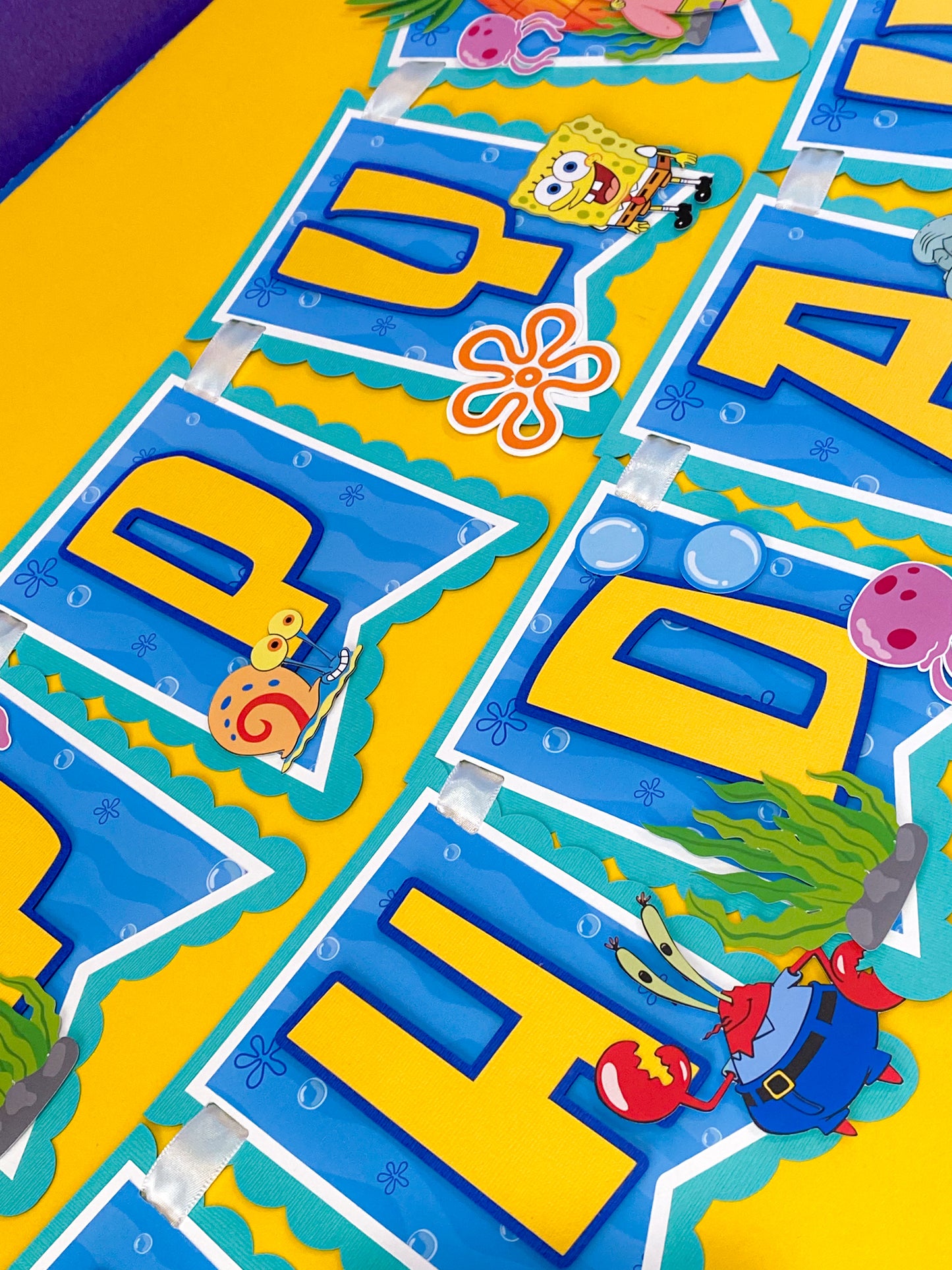 SpongeBob SquarePants happy birthday banner handmade with bright yellow blue ocean colors featuring jellyfish bubbles and underwater theme party decorations for kids birthday party backdrop dessert table decor SpongeBob birthday banner custom handmade party banner Bikini Bottom theme birthday decorations